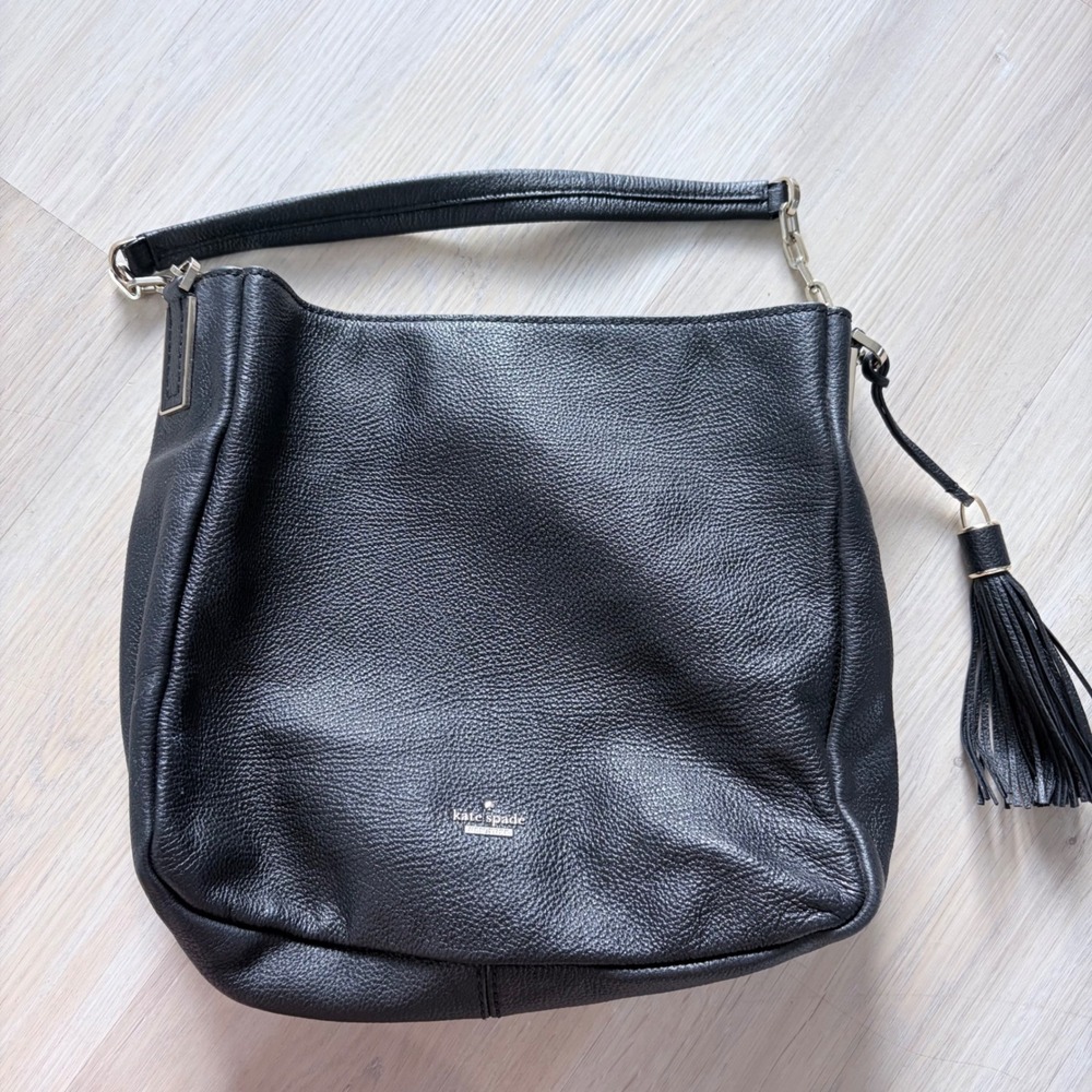 Kate Spade New York Black‎ Pebbled Leather Tassel Hobo Bag Shoulder Purse